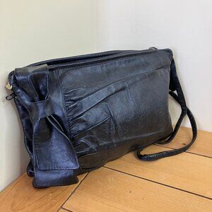 Brixton Black Leather Organizer Purse Shoulder Bag Gatherered Bow Detail 90s